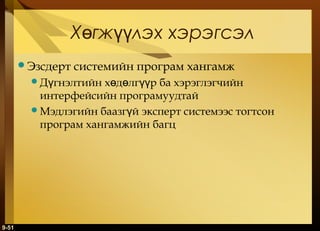 Хөгжүүлэх хэрэгсэл
Эзсдерт

системийн програм хангамж

Дүгнэлтийн

хөдөлгүүр ба хэрэглэгчийн
интерфейсийн програмуудтай
Мэдлэгийн баазгүй эксперт системээс тогтсон
програм хангамжийн багц

9-51

 