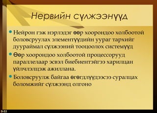 Нервийн сүлжээнүүд
гэж нэрлэдэг өөр хоорондоо холбоотой
боловсруулах элементүүдийн уураг тархийг
дуураймал сүлжээний тооцоолох системүүд
Өөр хоорондоо холбоотой процессорууд
параллелаар эсвэл биебиентэйгээ харилцан
үйлчлэлцэж ажиллана.
Боловсруулж байгаа өгөгдлүүдээсээ суралцах
боломжийг сүлжээнд олгоно
Нейрон

9-53

 