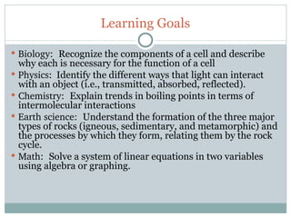 Learning Goals

 Biology:  Recognize the components of a cell and describe
  why each is necessary for the function of a cell
 Physics: Identify the different ways that light can interact
  with an object (i.e., transmitted, absorbed, reflected).
 Chemistry:  Explain trends in boiling points in terms of
  intermolecular interactions
 Earth science:  Understand the formation of the three major
  types of rocks (igneous, sedimentary, and metamorphic) and
  the processes by which they form, relating them by the rock
  cycle.
 Math:  Solve a system of linear equations in two variables
  using algebra or graphing.



56
 
