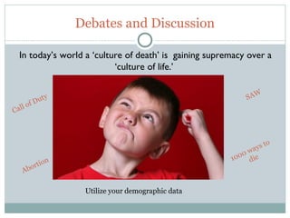 Debates and Discussion

     In today’s world a ‘culture of death’ is  gaining supremacy over a
                              ‘culture of life.’

                                                                     W
              ty                                                SA
        of Du
    l
Cal



                                                                         to
                                                                w a ys
                                                            1000 die
              io n
         b ort
     A

                      Utilize your demographic data

64
 