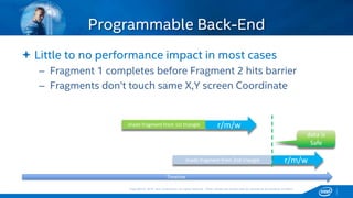 Copyright © 2015, Intel Corporation. All rights reserved. *Other names and brands may be claimed as the property of others.Copyright © 2015, Intel Corporation. All rights reserved. *Other names and brands may be claimed as the property of others.
 Little to no performance impact in most cases
– Fragment 1 completes before Fragment 2 hits barrier
– Fragments don’t touch same X,Y screen Coordinate
Programmable Back-End
shade fragment from 1st triangle r/m/w
shade fragment from 2nd triangle r/m/w
data is
Safe
Timeline
 