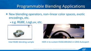 Copyright © 2015, Intel Corporation. All rights reserved. *Other names and brands may be claimed as the property of others.Copyright © 2015, Intel Corporation. All rights reserved. *Other names and brands may be claimed as the property of others.
 New blending operators, non-linear color spaces, exotic
encodings, etc.
• e.g. RGBE, LogLuv, etc.
Programmable Blending Applications
HDR in to custom R10G10B10A2 in GRID AutosportIntel RGBE blending sample
 