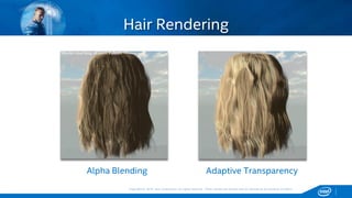 Copyright © 2015, Intel Corporation. All rights reserved. *Other names and brands may be claimed as the property of others.Copyright © 2015, Intel Corporation. All rights reserved. *Other names and brands may be claimed as the property of others.
Hair Rendering
Alpha Blending Adaptive Transparency
 