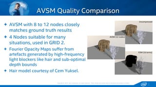 Copyright © 2015, Intel Corporation. All rights reserved. *Other names and brands may be claimed as the property of others.Copyright © 2015, Intel Corporation. All rights reserved. *Other names and brands may be claimed as the property of others.
AVSM Quality Comparison
 AVSM with 8 to 12 nodes closely
matches ground truth results
 4 Nodes suitable for many
situations, used in GRID 2.
 Fourier Opacity Maps suffer from
artefacts generated by high-frequency
light blockers like hair and sub-optimal
depth bounds
 Hair model courtesy of Cem Yuksel.
 
