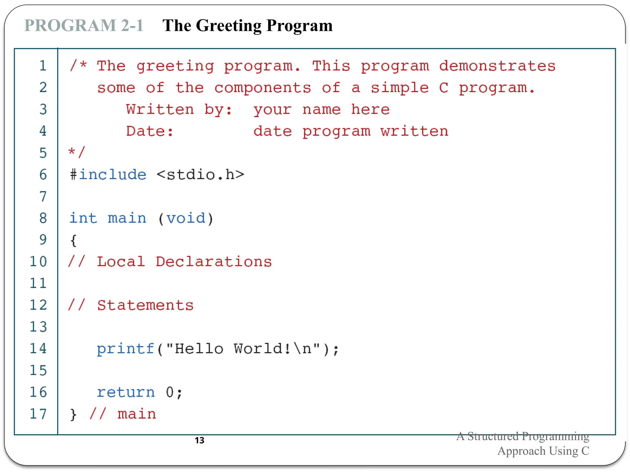 PROGRAM 2-1 The Greeting Program
A Structured Programming
Approach Using C
13
 