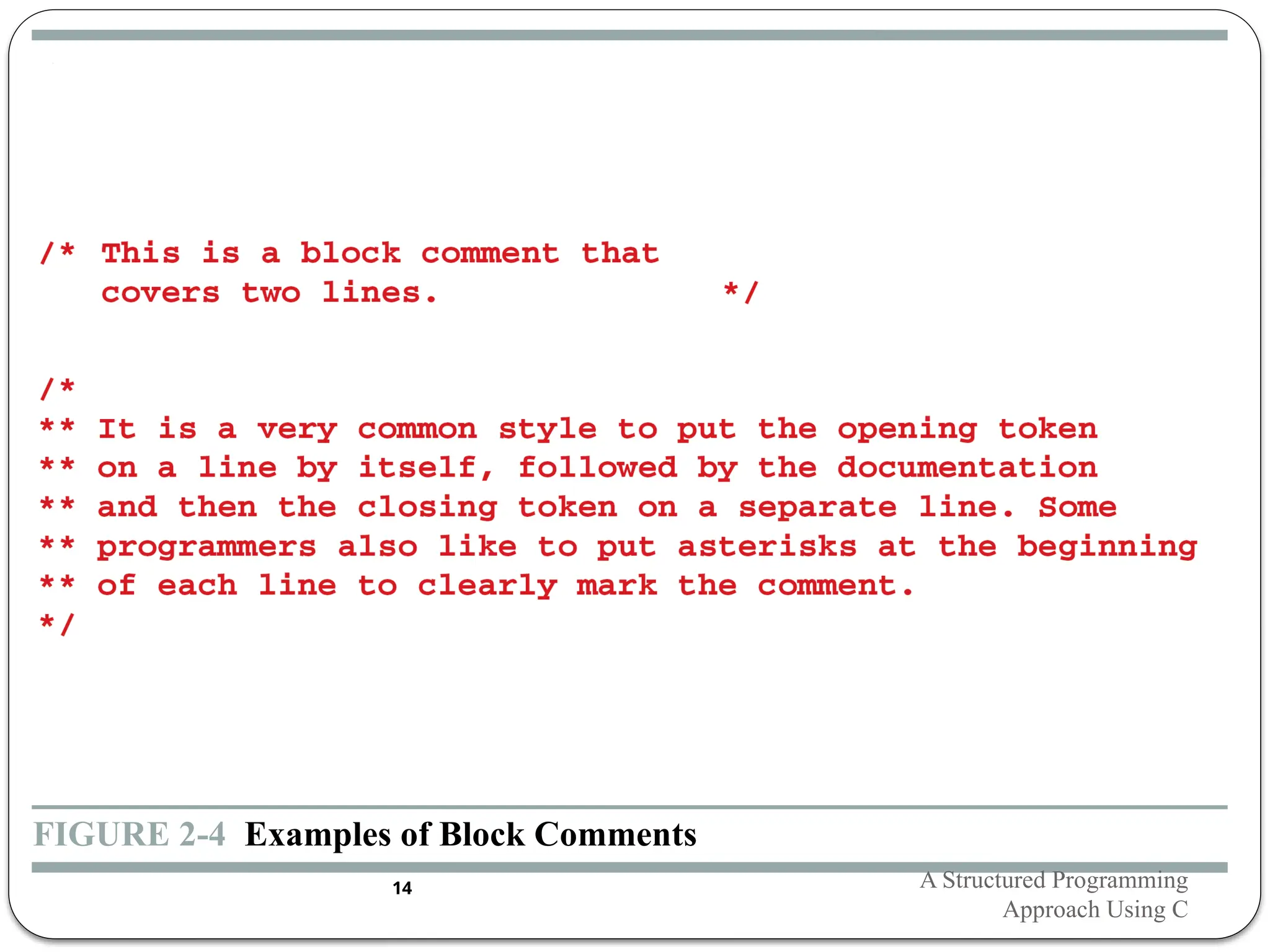 FIGURE 2-4 Examples of Block Comments
A Structured Programming
Approach Using C
14
 