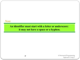 An identifier must start with a letter or underscore:
it may not have a space or a hyphen.
Note
A Structured Programming
Approach Using C
27
 