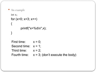  An example
int x;
for (x=0; x<3; x++)
{
printf("x=%dn",x);
}
First time: x = 0;
Second time: x = 1;
Third time: x = 2;
Fourth time: x = 3; (don’t execute the body)
 