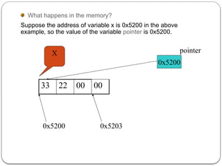 33 22 00 00
0x5200 0x5203
0x5200
pointer
What happens in the memory?
Suppose the address of variable x is 0x5200 in the above
example, so the value of the variable pointer is 0x5200.
X
 