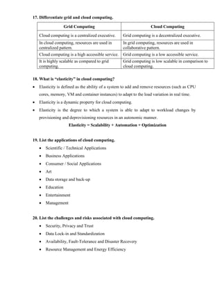 17. Differentiate grid and cloud computing.
Grid Computing Cloud Computing
Cloud computing is a centralized executive. Grid computing is a decentralized executive.
In cloud computing, resources are used in
centralized pattern.
In grid computing, resources are used in
collaborative pattern.
Cloud computing is a high accessible service. Grid computing is a low accessible service.
It is highly scalable as compared to grid
computing.
Grid computing is low scalable in comparison to
cloud computing.
18. What is “elasticity” in cloud computing?
• Elasticity is defined as the ability of a system to add and remove resources (such as CPU
cores, memory, VM and container instances) to adapt to the load variation in real time.
• Elasticity is a dynamic property for cloud computing.
• Elasticity is the degree to which a system is able to adapt to workload changes by
provisioning and deprovisioning resources in an autonomic manner.
Elasticity = Scalability + Automation + Optimization
19. List the applications of cloud computing.
• Scientific / Technical Applications
• Business Applications
• Consumer / Social Applications
• Art
• Data storage and back-up
• Education
• Entertainment
• Management
20. List the challenges and risks associated with cloud computing.
• Security, Privacy and Trust
• Data Lock-in and Standardization
• Availability, Fault-Tolerance and Disaster Recovery
• Resource Management and Energy Efficiency
 