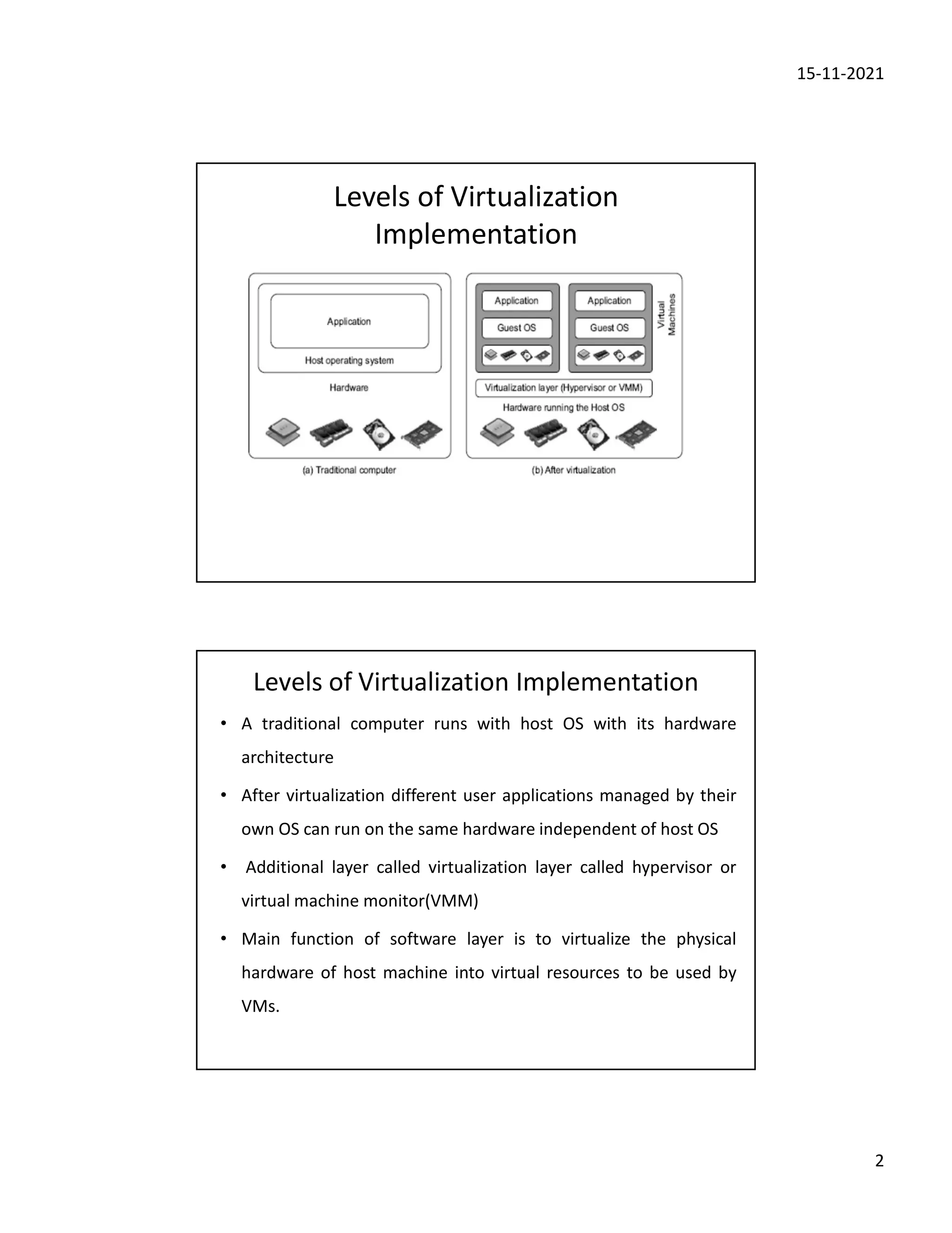 15-11-2021
2
Levels of Virtualization
Implementation
Levels of Virtualization Implementation
• A traditional computer runs with host OS with its hardware
architecture
• After virtualization different user applications managed by their
own OS can run on the same hardware independent of host OS
• Additional layer called virtualization layer called hypervisor or
virtual machine monitor(VMM)
• Main function of software layer is to virtualize the physical
hardware of host machine into virtual resources to be used by
VMs.
 