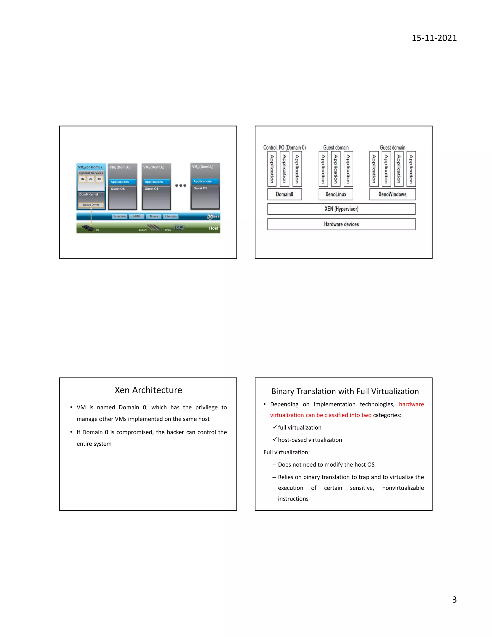 15-11-2021
3
Xen Architecture
• VM is named Domain 0, which has the privilege to
manage other VMs implemented on the same host
• If Domain 0 is compromised, the hacker can control the
entire system
Binary Translation with Full Virtualization
• Depending on implementation technologies, hardware
virtualization can be classified into two categories:
full virtualization
host-based virtualization
Full virtualization:
– Does not need to modify the host OS
– Relies on binary translation to trap and to virtualize the
execution of certain sensitive, nonvirtualizable
instructions
 