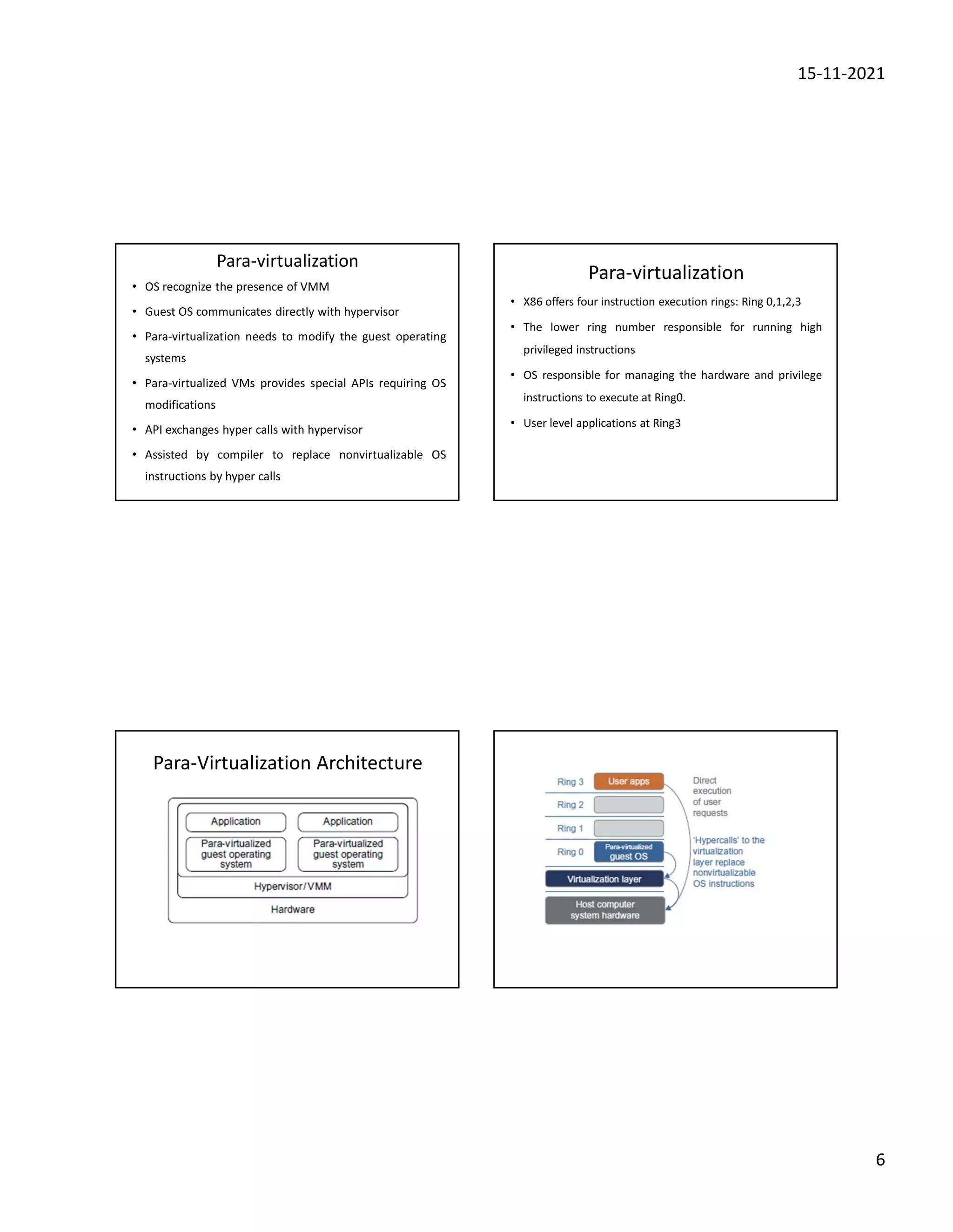 15-11-2021
6
Para-virtualization
• OS recognize the presence of VMM
• Guest OS communicates directly with hypervisor
• Para-virtualization needs to modify the guest operating
systems
• Para-virtualized VMs provides special APIs requiring OS
modifications
• API exchanges hyper calls with hypervisor
• Assisted by compiler to replace nonvirtualizable OS
instructions by hyper calls
Para-virtualization
• X86 offers four instruction execution rings: Ring 0,1,2,3
• The lower ring number responsible for running high
privileged instructions
• OS responsible for managing the hardware and privilege
instructions to execute at Ring0.
• User level applications at Ring3
Para-Virtualization Architecture
 
