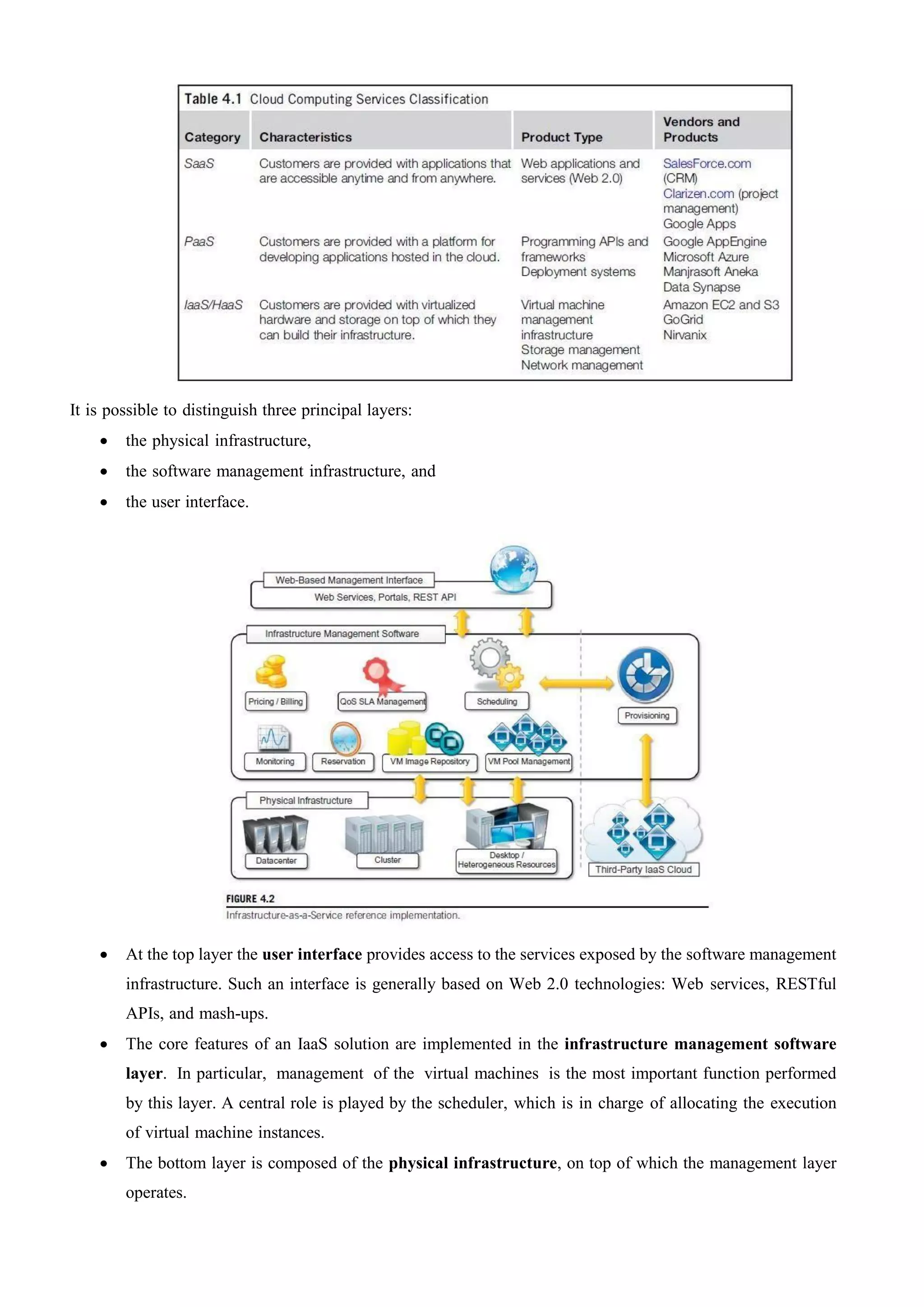 It is possible to distinguish three principal layers:
 the physical infrastructure,
 the software management infrastructure, and
 the user interface.
 At the top layer the user interface provides access to the services exposed by the software management
infrastructure. Such an interface is generally based on Web 2.0 technologies: Web services, RESTful
APIs, and mash-ups.
 The core features of an IaaS solution are implemented in the infrastructure management software
layer. In particular, management of the virtual machines is the most important function performed
by this layer. A central role is played by the scheduler, which is in charge of allocating the execution
of virtual machine instances.
 The bottom layer is composed of the physical infrastructure, on top of which the management layer
operates.
 