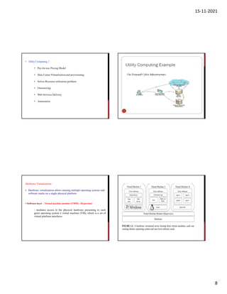 15-11-2021
8
• U
tility Computing ?
• Pay-for-use Pricing Model
• Data Center Virtualization and provisioning
• Solves Resource utilization problem
• Outsourcing
• Web Services Delivery
• Automation
Hardware Virtualization
• Hardware virtualization allows running multiple operating systems and
software stacks on a single physical platform
• Software layer - Virtual machine monitor (VMM) - Hypervisor
- mediates access to the physical hardware presenting to each
guest operating system a virtual machine (VM), which is a set of
virtual platform interfaces
 