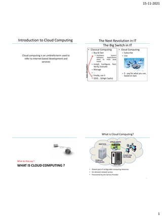 15-11-2021
1
IBM Power Systems
Cloud computing is an umbrella term used to
refer to Internet based development and
services
Introduction to Cloud Computing
IBM Power Systems
The Next Revolution in IT
The Big Switch in IT
• Classical Computing
– Buy & Own
• Hardware, System
Software, Applications
often to meet peak
needs.
– Install, Configure, Test,
Verify, Evaluate
– Manage
– ..
– Finally, use it
– $$$$....$(High CapEx)
• Cloud Computing
– Subscribe
– Use
– $ - pay for what you use,
based on QoS
Every
18
months?
IBM Power Systems
WHAT IS CLOUD COMPUTING ?
What do they say ?
IBM Power Systems
What is Cloud Computing?
• Shared pool of configurable computing resources
• On-demand network access
• Provisioned by the Service Provider
4
 
