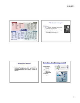 15-11-2021
2
5
What is cloud storage?
History
J.C.R.Licklider – One of the fathers of the
cloud based computing idea.
Global network that allows access from
anywhere at anytime.
Technological limits of the 60’s.
What is cloud storage?
 Cloud storage is a service model in which data is
maintained, managed and backed up remotely and
made available to users over a network (typically the
Internet).
How does cloud storage work?
Redundancy
 Core of cloud
computing
Equipment
 Data servers
 Power supplies
Data files
 Replication
 