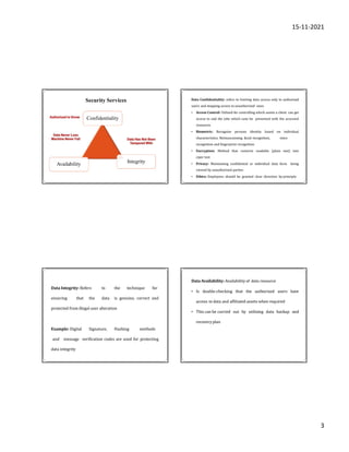 15-11-2021
3
Availability
Confidentiality
Integrity
Security Services Data Confidentiality: refers to limiting data access only to authorized
users and stopping access to unauthorized ones.
• Access Control: Utilized for controlling which assets a client can get
access to and the jobs which cane be presented with the accessed
resources
• Biometric: Recognize persons identity based on individual
characteristics. Retinascanning, facial recognition, voice
recognition and fingerprint recognition
• Encryption: Method that converts readable (plain text) into
ciper text
• Privacy: Maintaining confidential or individual data form being
viewed by unauthorized parties
• Ethics: Employees should be granted clear direction by principle
Data Integrity: Refers to the technique for
ensuring that the data is genuine, correct and
protected from illegal user alteration
Example: Digital Signature, Hashing methods
and message verification codes are used for protecting
data integrity
Data Availability: Availability of data resource
• Is double-checking that the authorized users have
access to data and affiliated assets when required
• This can be carried out by utilizing data backup and
recoveryplan
 