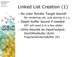 Linked List Creation (1)No color Render Target bound!No rendering yet, just storing in L.L.Depth buffer bound if neededOIT will need it in a few slidesUAVs bounds as input/output:StartOffsetBuffer (R/W)FragmentAndLinkBuffer (W)