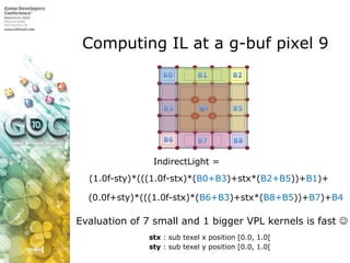 Computing IL at a g-buf pixel 9IndirectLight = (1.0f-sty)*(((1.0f-stx)*(B0+B3)+stx*(B2+B5))+B1)+ (0.0f+sty)*(((1.0f-stx)*(B6+B3)+stx*(B8+B5))+B7)+B4Evaluation of 7 small and 1 bigger VPL kernels is fast stx : sub texel x position [0.0, 1.0[sty : sub texel y position [0.0, 1.0[