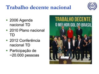 Trabalho decente nacional
 2006 Agenda
nacional TD
 2010 Plano nacional
TD
 2012 Conferência
nacional TD
 Participação de
~20.000 pessoas
 