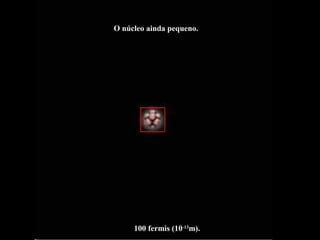 100 fermis (10-13
m).
O núcleo ainda pequeno.
 