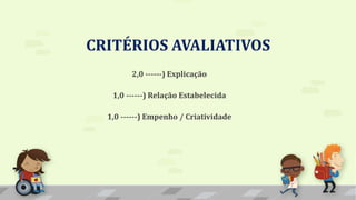 CRITÉRIOS AVALIATIVOS
2,0 ------) Explicação
1,0 ------) Relação Estabelecida
1,0 ------) Empenho / Criatividade
 