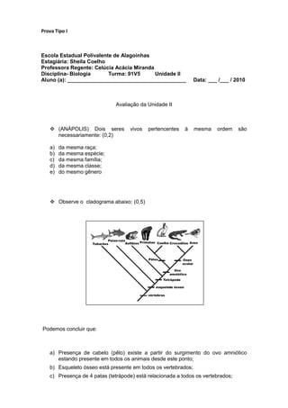 Prova Tipo I



Escola Estadual Polivalente de Alagoinhas
Estagiária: Sheila Coelho
Professora Regente: Celúcia Acácia Miranda
Disciplina- Biologia      Turma: 91V5      Unidade II
Aluno (a): ________________________________________            Data: ___ /___ / 2010



                              Avaliação da Unidade II



    (ANÁPOLIS) Dois seres          vivos   pertencentes   à   mesma    ordem    são
     necessariamente: (0,2)

   a)   da mesma raça;
   b)   da mesma espécie;
   c)   da mesma família;
   d)   da mesma classe;
   e)   do mesmo gênero




    Observe o cladograma abaixo: (0,5)




Podemos concluir que:



   a) Presença de cabelo (pêlo) existe a partir do surgimento do ovo amniótico
      estando presente em todos os animais desde este ponto;
   b) Esqueleto ósseo está presente em todos os vertebrados;
   c) Presença de 4 patas (tetrápode) está relacionada a todos os vertebrados;
 