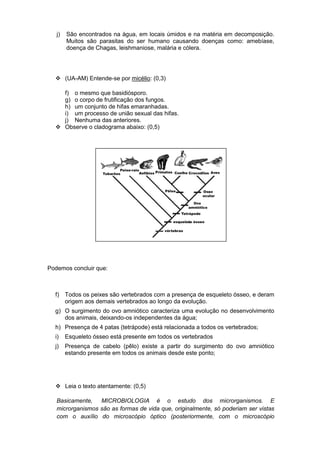 j)   São encontrados na água, em locais úmidos e na matéria em decomposição.
        Muitos são parasitas do ser humano causando doenças como: amebíase,
        doença de Chagas, leishmaniose, malária e cólera.




   (UA-AM) Entende-se por micélio: (0,3)

    f) o mesmo que basidiósporo.
    g) o corpo de frutificação dos fungos.
    h) um conjunto de hifas emaranhadas.
    i) um processo de união sexual das hifas.
    j) Nenhuma das anteriores.
   Observe o cladograma abaixo: (0,5)




Podemos concluir que:



  f) Todos os peixes são vertebrados com a presença de esqueleto ósseo, e deram
     origem aos demais vertebrados ao longo da evolução.
  g) O surgimento do ovo amniótico caracteriza uma evolução no desenvolvimento
     dos animais, deixando-os independentes da água;
  h) Presença de 4 patas (tetrápode) está relacionada a todos os vertebrados;
  i)    Esqueleto ósseo está presente em todos os vertebrados
  j)    Presença de cabelo (pêlo) existe a partir do surgimento do ovo amniótico
        estando presente em todos os animais desde este ponto;




   Leia o texto atentamente: (0,5)

   Basicamente,   MICROBIOLOGIA é o estudo dos microrganismos. E
   microrganismos são as formas de vida que, originalmente, só poderiam ser vistas
   com o auxílio do microscópio óptico (posteriormente, com o microscópio
 