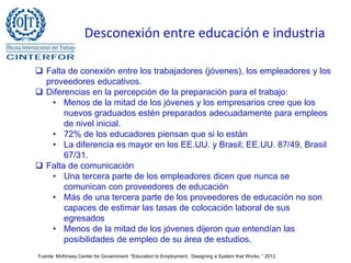 Desconexión entre educación e industria
 Falta de conexión entre los trabajadores (jóvenes), los empleadores y los
proveedores educativos.
 Diferencias en la percepción de la preparación para el trabajo:
• Menos de la mitad de los jóvenes y los empresarios cree que los
nuevos graduados estén preparados adecuadamente para empleos
de nivel inicial.
• 72% de los educadores piensan que si lo están
• La diferencia es mayor en los EE.UU. y Brasil; EE.UU. 87/49, Brasil
67/31.
 Falta de comunicación
• Una tercera parte de los empleadores dicen que nunca se
comunican con proveedores de educación
• Más de una tercera parte de los proveedores de educación no son
capaces de estimar las tasas de colocación laboral de sus
egresados
• Menos de la mitad de los jóvenes dijeron que entendían las
posibilidades de empleo de su área de estudios.
Fuente: McKinsey Center for Government: “Education to Employment, Designing a System that Works, ” 2012.
 