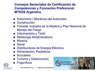 www.oitcinterfor.org / facebook.com/oitcinterfor / twitter.com/OITCinterfor
Consejos Sectoriales de Certificación de
Competencias y Formación Profesional.
MTESS Argentina
 Automotriz / Mecánica del Automotor
 Construcción
 Forestal, Industria de la Madera y Plan Nacional de
Manejo del Fuego
 Indumentaria y Textil
 Metalurgia Metalmecánica
 Minería
 Naval
 Distribuidores de Energía Eléctrica
 Alimentación: Pasteleros
 Azucarero
 Turismo y Gastronomía
 Frigoríficos
 