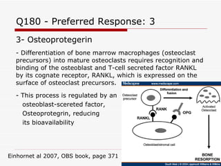 Q180 - Preferred Response: 3 3- Osteoprotegerin - Differentiation of bone marrow macrophages (osteoclast precursors) into mature osteoclasts requires recognition and binding of the osteoblast and T-cell secreted factor RANKL by its cognate receptor, RANKL, which is expressed on the surface of osteoclast precursors. - This process is regulated by an  osteoblast-scereted factor,  Osteoprotegrin, reducing  its bioavailability Einhornet al 2007, OBS book, page 371 