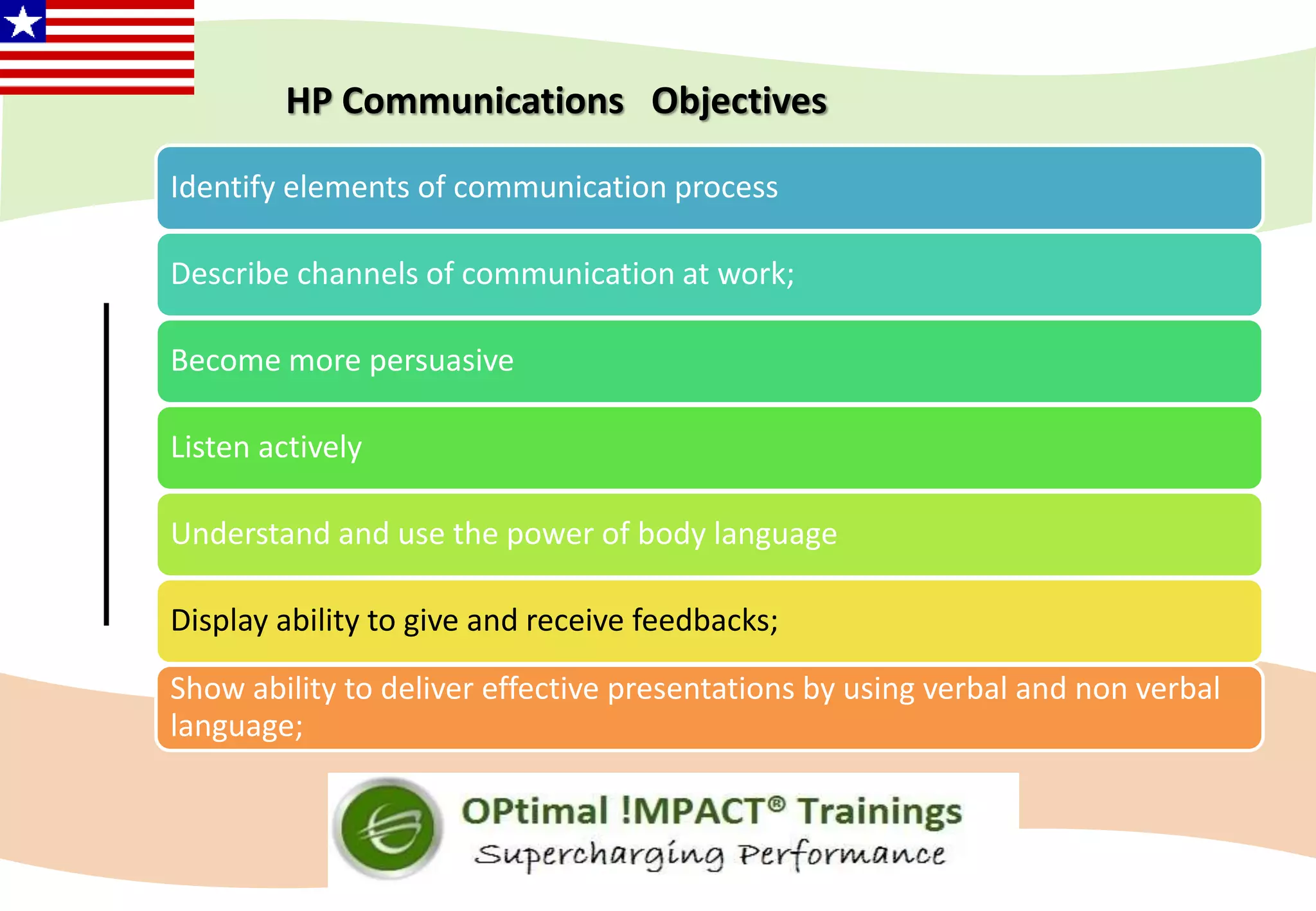 Identify elements of communication process
Describe channels of communication at work;
Become more persuasive
Listen actively
Understand and use the power of body language
Display ability to give and receive feedbacks;
Show ability to deliver effective presentations by using verbal and non verbal
language;
HP Communications Objectives
 