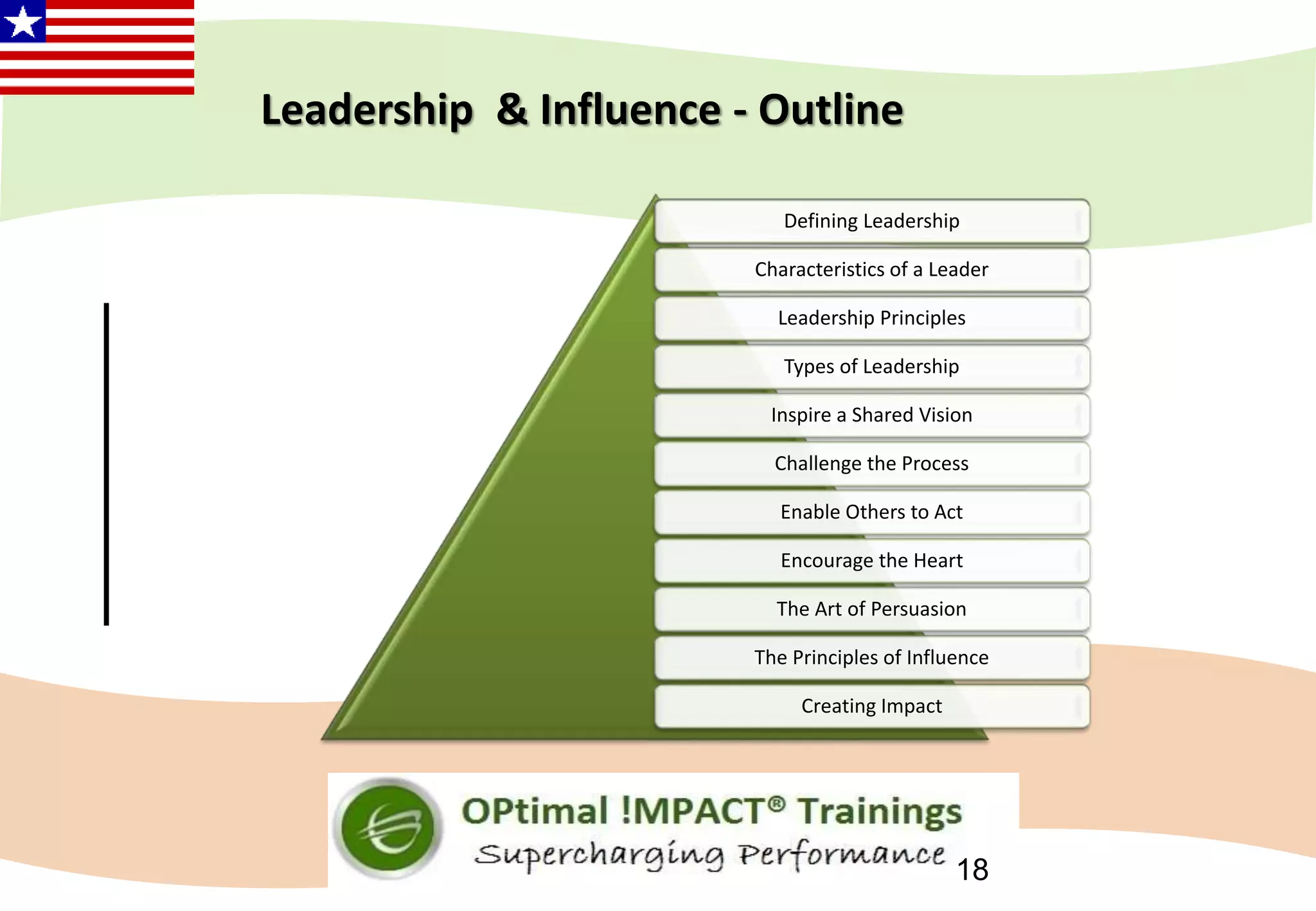 18
Leadership & Influence - Outline
Defining Leadership
Characteristics of a Leader
Leadership Principles
Types of Leadership
Inspire a Shared Vision
Challenge the Process
Enable Others to Act
Encourage the Heart
The Art of Persuasion
The Principles of Influence
Creating Impact
 
