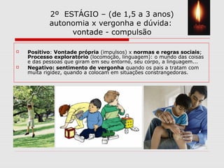 2º ESTÁGIO – (de 1,5 a 3 anos)
autonomia x vergonha e dúvida:
vontade - compulsão
 Positivo: Vontade própria (impulsos) x normas e regras sociais;
Processo exploratório (locomoção, linguagem): o mundo das coisas
e das pessoas que giram em seu entorno, seu corpo, a linguagem...
 Negativo: sentimento de vergonha quando os pais a tratam com
muita rigidez, quando a colocam em situações constrangedoras.
 