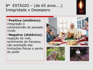 8º ESTÁGIO – (de 65 anos....)
Integridade x Desespero
Positivo (sintônico):
integração e
compreensão do passado
vivido
Negativo (distônico):
negação da vida,
sentimento de fracasso;
não aceitação das
limitações físicas e perda
de poder
 
