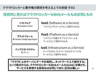 クラウドロッカーと著作権の関係を考える上での前提 その2 
技術的に見ればクラウドロッカーもWebメールもほぼ同じもの 
SaaS (Software as a Service) 
　ソフトウェアをサービスとして提供するもの 
ソフトウェア 
例：Dropbox、Gmail 
プラットフォーム 
例：Heroku、Google App Engine 
インフラストラクチャ 
例：サーバ 
PaaS (Platform as a Service) 
　ソフトウェアを動かすプラットフォームを 
　サービスとして提供するもの 
IaaS (Infrastructure as a Service) 
　サーバやCPU、ネットワークなどのインフラを 
　サービスとして提供するもの 
「クラウド上のサーバにデータを保存し、ネットワーク上で操作する」 
という視点からは、クラウドロッカーもWebメールもSaaSに分類され、 
サービスを実現する技術はほぼ同じであり、区別は難しい 
4 
 