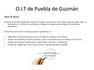 O.I.T de Puebla de Guzmán
Jefe/a de oficina.
El jefe/a de la oficina debe dar el perfil de jefe/a, comunicarse como jefe/a, además debe crear un
ambiente en la oficina de motivación y trabajo en equipo para conseguir los objetivos
planteados.
El director/a de la oficina tiene que tener experiencia en:
• Elaboración de documentación para uso interno y externo de la oficina.
• Análisis de estadísticas sobre visitantes y tipos de consultas que se realizan en la oficina.
• Gestión de personal: planificación, organización, dirección y motivación.
• Control de calidad del servicio de la oficina y del presupuesto asignado.
 