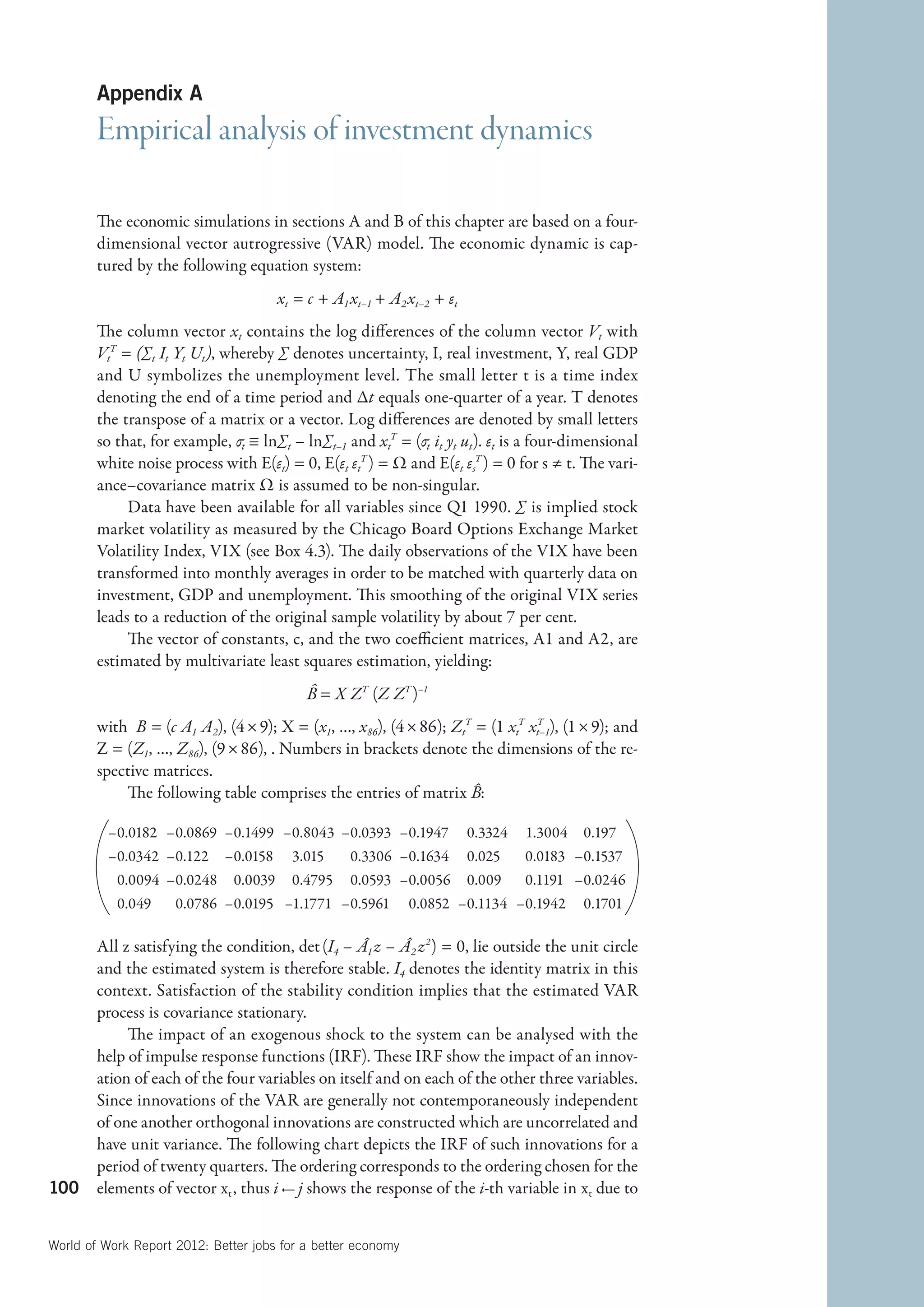 Appendix A
        Empirical analysis of investment dynamics

        The economic simulations in sections A and B of this chapter are based on a four-
        dimensional vector autrogressive (VAR) model. The economic dynamic is cap-
        tured by the following equation system:
                                        xt = c + A1 xt–1 + A2 xt–2 + εt
        The column vector xt contains the log differences of the column vector Vt with
        VtT = (∑t It Yt Ut ), whereby ∑ denotes uncertainty, I, real investment, Y, real GDP
        and U symbolizes the unemployment level. The small letter t is a time index
        denoting the end of a time period and ∆t equals one-quarter of a year. T denotes
        the transpose of a matrix or a vector. Log differences are denoted by small letters
                                 =
        so that, for example, σt – ln∑t – ln∑t–1 and xtT = (σt it yt ut ). εt is a four-dimensional
        white noise process with E(εt) = 0, E(εt εtT ) = Ω and E(εt εsT ) = 0 for s ≠ t. The vari-
        ance–covariance matrix Ω is assumed to be non-singular.
             Data have been available for all variables since Q1 1990. ∑ is implied stock
        market volatility as measured by the Chicago Board Options Exchange Market
        Volatility Index, VIX (see Box 4.3). The daily observations of the VIX have been
        transformed into monthly averages in order to be matched with quarterly data on
        investment, GDP and unemployment. This smoothing of the original VIX series
        leads to a reduction of the original sample volatility by about 7 per cent.
             The vector of constants, c, and the two coefficient matrices, A1 and A2, are
        estimated by multivariate least squares estimation, yielding:
                                             ˆ
                                             B = X ZT (Z ZT )–1
        with B = (c A1 A2), (4 × 9); X = (x1, …, x86), (4 × 86); ZtT = (1 xtT xt–1), (1 × 9); and
                                                                               T

        Z = (Z1, …, Z86), (9 × 86), . Numbers in brackets denote the dimensions of the re-
        spective matrices.
            The following table comprises the entries of matrix B : ˆ

          –0.0182 –0.0869 –0.1499 –0.8043 –0.0393 –0.1947                 0.3324   1.3004   0.197
          –0.0342 –0.122     –0.0158      3.015     0.3306 –0.1634        0.025    0.0183 –0.1537
           0.0094 –0.0248      0.0039     0.4795    0.0593 –0.0056        0.009    0.1191 –0.0246
           0.049     0.0786 –0.0195 –1.1771 –0.5961           0.0852 –0.1134 –0.1942        0.1701

        All z satisfying the condition, det (I4 – Â1 z – Â2  z 2 ) = 0, lie outside the unit circle
        and the estimated system is therefore stable. I4 denotes the identity matrix in this
        context. Satisfaction of the stability condition implies that the estimated VAR
        process is covariance stationary.
             The impact of an exogenous shock to the system can be analysed with the
        help of impulse response functions (IRF). These IRF show the impact of an innov-
        ation of each of the four variables on itself and on each of the other three variables.
        Since innovations of the VAR are generally not contemporaneously independent
        of one another orthogonal innovations are constructed which are uncorrelated and
        have unit variance. The following chart depicts the IRF of such innovations for a
        period of twenty quarters. The ordering corresponds to the ordering chosen for the
100     elements of vector xt , thus i  j shows the response of the i-th variable in xt due to


World of Work Report 2012: Better jobs for a better economy
 