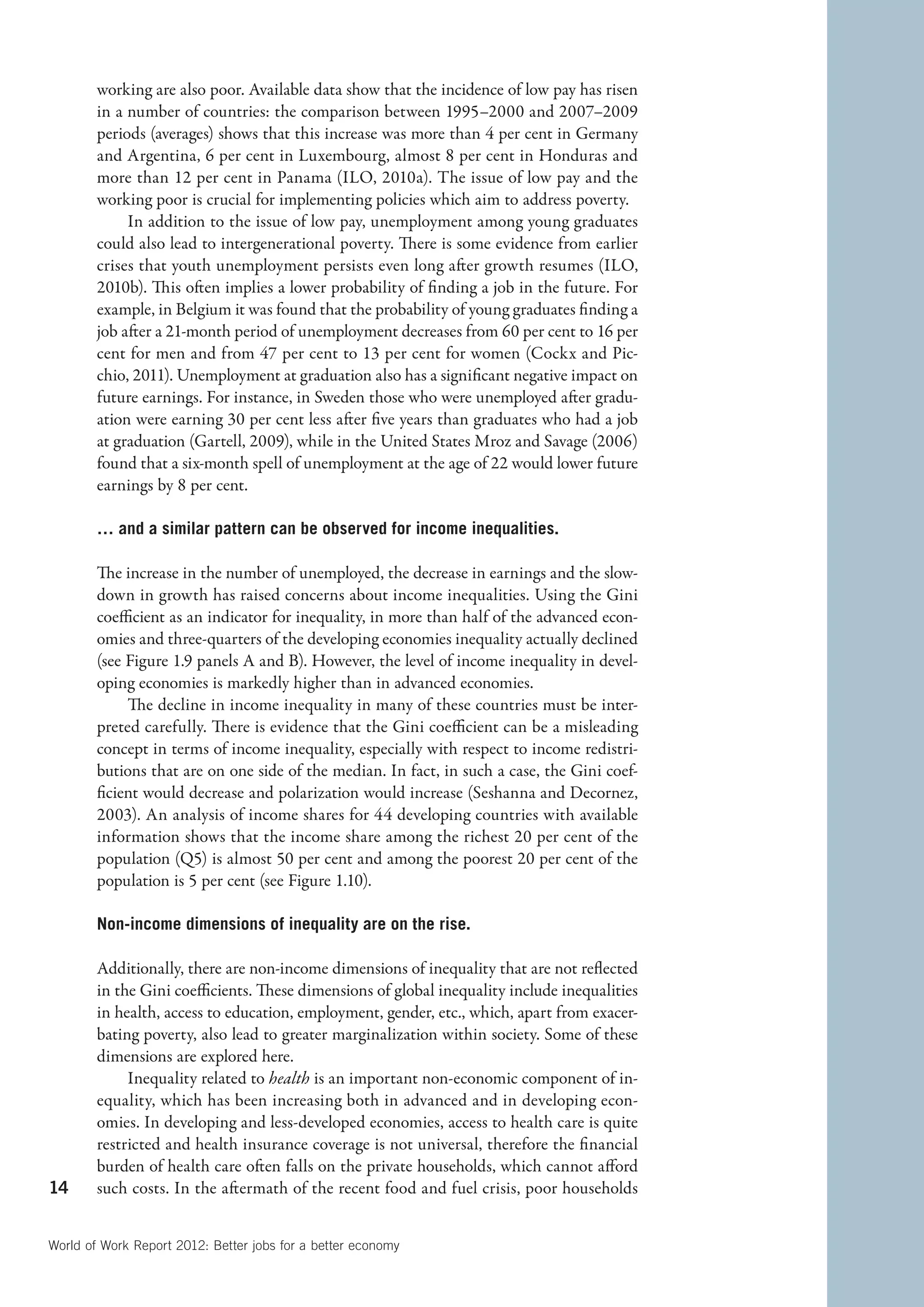 working are also poor. Available data show that the incidence of low pay has risen
        in a number of countries: the comparison between 1995–2000 and 2007–2009
        periods (averages) shows that this increase was more than 4 per cent in Germany
        and Argentina, 6 per cent in Luxembourg, almost 8 per cent in Honduras and
        more than 12 per cent in Panama (ILO, 2010a). The issue of low pay and the
        working poor is crucial for implementing policies which aim to address poverty.
             In addition to the issue of low pay, unemployment among young graduates
        could also lead to intergenerational poverty. There is some evidence from earlier
        crises that youth unemployment persists even long after growth resumes (ILO,
        2010b). This often implies a lower probability of finding a job in the future. For
        example, in Belgium it was found that the probability of young graduates finding a
        job after a 21-month period of unemployment decreases from 60 per cent to 16 per
        cent for men and from 47 per cent to 13 per cent for women (Cockx and Pic-
        chio, 2011). Unemployment at graduation also has a significant negative impact on
        future earnings. For instance, in Sweden those who were unemployed after gradu-
        ation were earning 30 per cent less after five years than graduates who had a job
        at graduation (Gartell, 2009), while in the United States Mroz and Savage (2006)
        found that a six-month spell of unemployment at the age of 22 would lower future
        earnings by 8 per cent.

        … and a similar pattern can be observed for income inequalities.

        The increase in the number of unemployed, the decrease in earnings and the slow-
        down in growth has raised concerns about income inequalities. Using the Gini
        coefficient as an indicator for inequality, in more than half of the advanced econ-
        omies and three-quarters of the developing economies inequality actually declined
        (see Figure 1.9 panels A and B). However, the level of income inequality in devel-
        oping economies is markedly higher than in advanced economies.
             The decline in income inequality in many of these countries must be inter-
        preted carefully. There is evidence that the Gini coefficient can be a misleading
        concept in terms of income inequality, especially with respect to income redistri-
        butions that are on one side of the median. In fact, in such a case, the Gini coef-
        ficient would decrease and polarization would increase (Seshanna and Decornez,
        2003). An analysis of income shares for 44 developing countries with available
        information shows that the income share among the richest 20 per cent of the
        population (Q5) is almost 50 per cent and among the poorest 20 per cent of the
        population is 5 per cent (see Figure 1.10).

        Non-income dimensions of inequality are on the rise.

        Additionally, there are non-income dimensions of inequality that are not reflected
        in the Gini coefficients. These dimensions of global inequality include inequalities
        in health, access to education, employment, gender, etc., which, apart from exacer-
        bating poverty, also lead to greater marginalization within society. Some of these
        dimensions are explored here.
             Inequality related to health is an important non-economic component of in-
        equality, which has been increasing both in advanced and in developing econ-
        omies. In developing and less-developed economies, access to health care is quite
        restricted and health insurance coverage is not universal, therefore the financial
        burden of health care often falls on the private households, which cannot afford
14      such costs. In the aftermath of the recent food and fuel crisis, poor households


World of Work Report 2012: Better jobs for a better economy
 