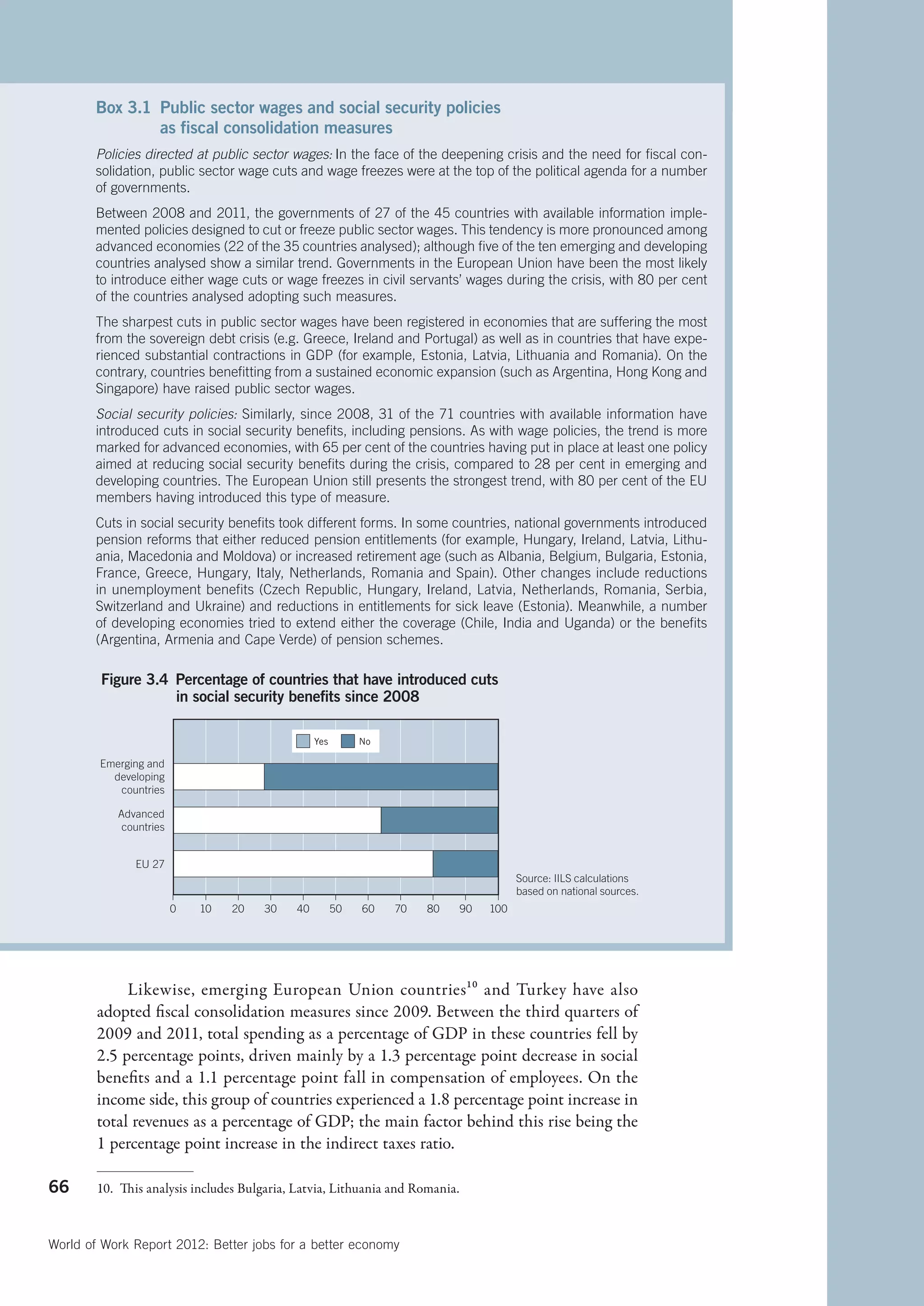 Box 3.1 
               Public sector wages and social security policies
               as fiscal consolidation measures
       Policies directed at public sector wages: In the face of the deepening crisis and the need for fiscal con-
       solidation, public sector wage cuts and wage freezes were at the top of the political agenda for a number
       of governments.
       Between 2008 and 2011, the governments of 27 of the 45 countries with available information imple-
       mented policies designed to cut or freeze public sector wages. This tendency is more pronounced among
       advanced economies (22 of the 35 countries analysed); although five of the ten emerging and developing
       countries analysed show a similar trend. Governments in the European Union have been the most likely
       to introduce either wage cuts or wage freezes in civil servants’ wages during the crisis, with 80 per cent
       of the countries analysed adopting such measures.
       The sharpest cuts in public sector wages have been registered in economies that are suffering the most
       from the sovereign debt crisis (e.g. Greece, Ireland and Portugal) as well as in countries that have expe-
       rienced substantial contractions in GDP (for example, Estonia, Latvia, Lithuania and Romania). On the
       contrary, countries benefitting from a sustained economic expansion (such as Argentina, Hong Kong and
       Singapore) have raised public sector wages.
       Social security policies: Similarly, since 2008, 31 of the 71 countries with available information have
       introduced cuts in social security benefits, including pensions. As with wage policies, the trend is more
       marked for advanced economies, with 65 per cent of the countries having put in place at least one policy
       aimed at reducing social security benefits during the crisis, compared to 28 per cent in emerging and
       developing countries. The European Union still presents the strongest trend, with 80 per cent of the EU
       members having introduced this type of measure.
       Cuts in social security benefits took different forms. In some countries, national governments introduced
       pension reforms that either reduced pension entitlements (for example, Hungary, Ireland, Latvia, Lithu-
       ania, Macedonia and Moldova) or increased retirement age (such as Albania, Belgium, Bulgaria, Estonia,
       France, Greece, Hungary, Italy, Netherlands, Romania and Spain). Other changes include reductions
       in unemployment benefits (Czech Republic, Hungary, Ireland, Latvia, Netherlands, Romania, Serbia,
       Switzerland and Ukraine) and reductions in entitlements for sick leave (Estonia). Meanwhile, a number
       of developing economies tried to extend either the coverage (Chile, India and Uganda) or the benefits
       (Argentina, Armenia and Cape Verde) of pension schemes.

        Figure 3.4 Percentage of countries that have introduced cuts
                   in social security beneﬁts since 2008

                                                  Yes        No

        Emerging and
          developing
           countries

           Advanced
            countries


               EU 27
                                                                                          Source: IILS calculations
                                                                                          based on national sources.
                        0   10   20    30    40         50   60   70   80      90   100




             Likewise, emerging European Union countries10 and Turkey have also
        adopted fiscal consolidation measures since 2009. Between the third quarters of
        2009 and 2011, total spending as a percentage of GDP in these countries fell by
        2.5 percentage points, driven mainly by a 1.3 percentage point decrease in social
        benefits and a 1.1 percentage point fall in compensation of employees. On the
        income side, this group of countries experienced a 1.8 percentage point increase in
        total revenues as a percentage of GDP; the main factor behind this rise being the
        1 percentage point increase in the indirect taxes ratio.

66      10.  This analysis includes Bulgaria, Latvia, Lithuania and Romania.



World of Work Report 2012: Better jobs for a better economy
 