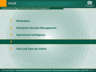 Inhalt
Operational Intelligence & Enterprise Decision Management




             1         Motivation

             2         Enterprise Decision Management

             3         Operational Intelligence

             4         Ansatzpunkte für Operational Intelligence im EDM

             5         Fazit und Ziele der Arbeit




© Christian Schieder : Operational Intelligence & Enterprise Decision Management : Doktorandenkolloquium Business Intelligence : MKWI 2008 : S. 19
 