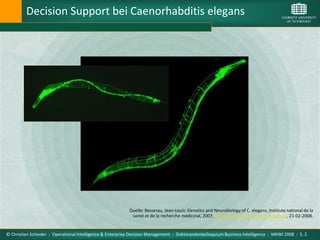 Decision Support bei Caenorhabditis elegans




                                                           Quelle: Besserau, Jean-Louis: Genetics and Neurobiology of C. elegans, Institute national de la
                                                            santé et de la recherche médicinal, 2007, http://www.biologie.ens.fr/bcsgnce/, 21-02-2008.


© Christian Schieder : Operational Intelligence & Enterprise Decision Management : Doktorandenkolloquium Business Intelligence : MKWI 2008 : S. 2
 