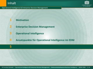 Inhalt
Operational Intelligence & Enterprise Decision Management




             1         Motivation

             2         Enterprise Decision Management

             3         Operational Intelligence

             4         Ansatzpunkte für Operational Intelligence im EDM

             5         Fazit und Ziele der Arbeit




© Christian Schieder : Operational Intelligence & Enterprise Decision Management : Doktorandenkolloquium Business Intelligence : MKWI 2008 : S. 24
 