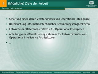 (Mögliche) Ziele der Arbeit
Fazit und Ziele der Arbeit




       Schaffung eines klaren Verständnisses von Operational Intelligence

       Untersuchung informationstechnischer Realisierungsmöglichkeiten

       Entwurf einer Referenzarchitektur für Operational Intelligence
       Ableitung eines Klassifizierungsrahmens für Entwurfsmuster von
           Operational Intelligence Architekturen
       …




© Christian Schieder : Operational Intelligence & Enterprise Decision Management : Doktorandenkolloquium Business Intelligence : MKWI 2008 : S. 26
 