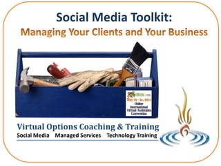 Social Media Toolkit:




Virtual Options Coaching & Training
Social Media Managed Services Technology Training
 