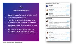 Suosittelualgoritmit
▪ Samanlaisuus (kuin sinä tai joku muu)
▪ Suosio (paljon seuraajia)
▪ Aktiivisuus (viimeaikainen toiminta)
▪ Sosiaalinen läheisyys (kaverin kaverit)
▪ Vastavuoroisuus (koska toinen seurasi
ensin sinua)
▪ Aktiivisuus ja seuraajuus (esim. ne
käyttäjät, joiden twiittejä nykyiset
seurattavasi retwiittasivat äskettäin)
24
Kuvat: Twitterin suositteluja uusista seurattavista
 