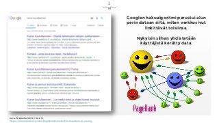 Kuva: Wikipedia (CC BY-SA 2.5),
https://en.wikipedia.org/wiki/PageRank#/media/File:PageRank-hi-res.png
5
Googlen hakualgoritmi perustui alun
perin dataan siitä, miten verkkosivut
linkittävät toisiinsa.
Nykyisin siihen yhdistetään
käyttäjistä kerätty data.
 