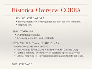 Historical Overview: CORBA
1991-1993. CORBA-1.0-1.2
• more general architecture guidelines then concrete standard.
• mapping to C
1996. CORBA-2.0
• IIOP (Interoperability)
• IDL mapping to C++ and Smalltalk,
1999 - 2001. Gold Times. CORBA-2.1 - 2.6
• Over 700 participants in OMG.
• W3C want to adopt CORBA as next web API (instead CGI)
• Portable Naming/Event/Service, Realtime specs, Valuetypes
• Ofﬁcial mapping to 14 programming languages (unofﬁcial to alll)
2002. CORBA-3.0
 