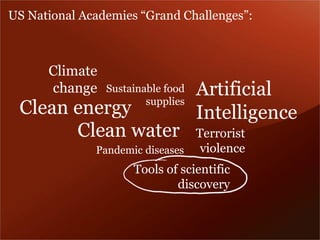 Tools of scientific discovery 
Clean energy 
Clean water 
Sustainable food supplies 
Pandemic diseases 
Terrorist violence 
Climate change 
US National Academies “Grand Challenges”: 
Artificial Intelligence  
